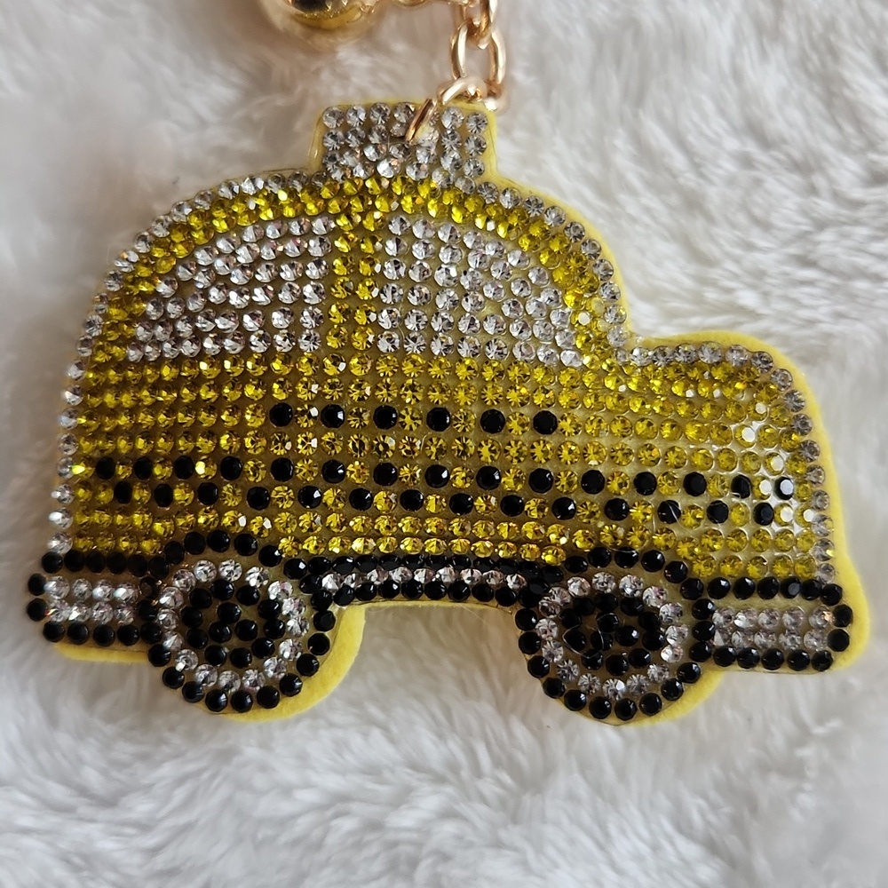 Yellow Taxi Rhinestone Car Keychain Bag Charm - Picture 2 of 4